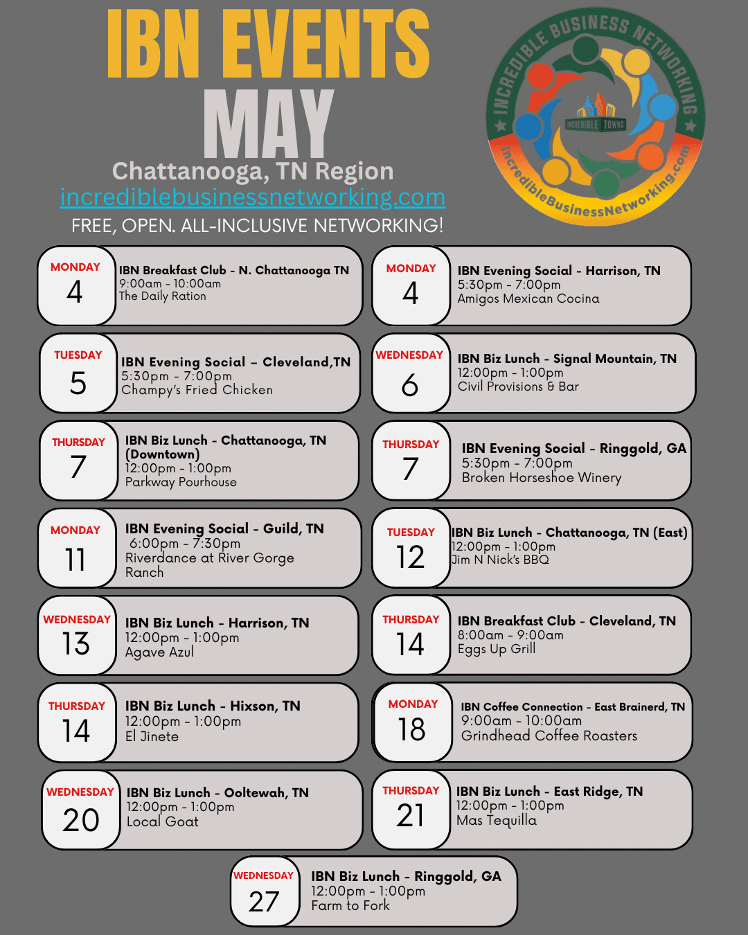 May 2026 - IBN Events - Chattanooga TN - Free Incredible Business Networking Events