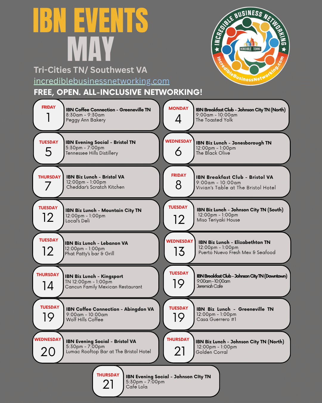 May 2026 - IBN Events - TriCities TN - Southwest VA - Free Incredible Business Networking Events