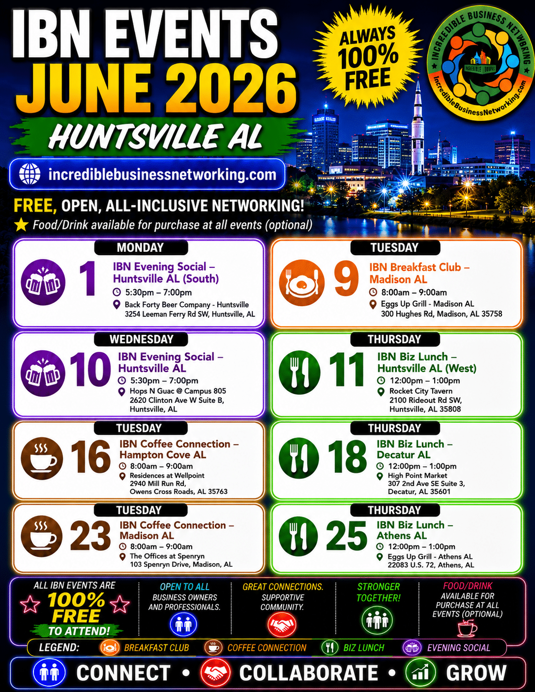 June 2026 - IBN Events - Huntsville - AL - Free Incredible Business Networking Events