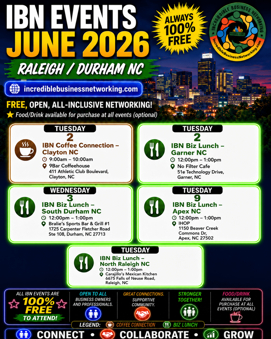 June 2026 - IBN Events - Raleigh - Durham - NC - Free Incredible Business Networking Events