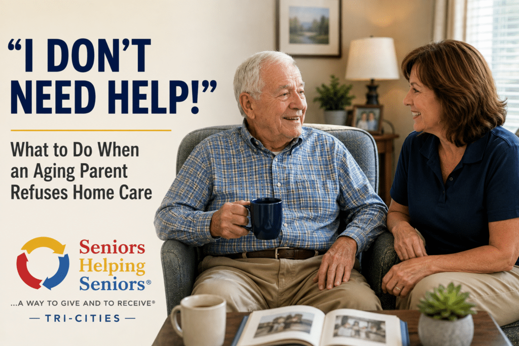 Older man smiling and talking with a caregiver at home, illustrating how building trust can help an aging parent become more comfortable accepting home care.